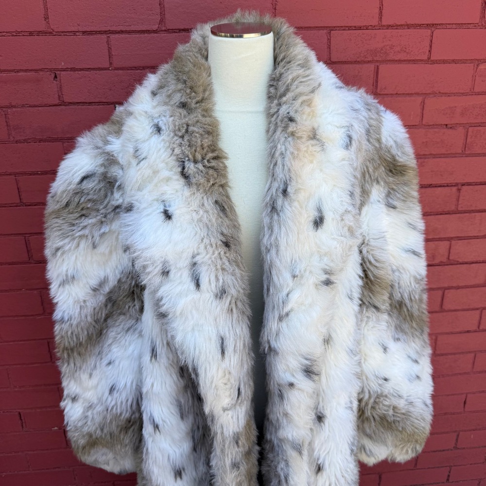 Vintage Faux Fur Long Coat XXL Snow Leopard Print Cream USA Mobwife Hollywood - Picture 2 of 7